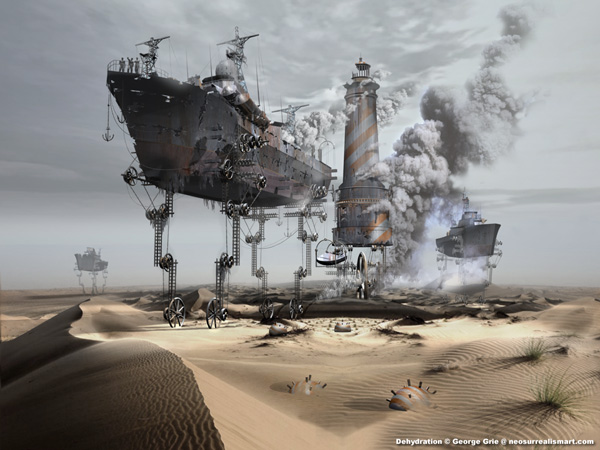 Dehydration - 3D Art Fantasy Surrealism Pictures Limited Edition Prints by George Grie. Keywords, Ship, desert, desolate, sand, dune, still view, nature, bay, scenery, black and white, peeling, high and dry, moored, seascape, empty, ashore, stuck, old, tidal, sunlight, ship, sailboat, abandoned, deserted, bomb, daytime, lighthouse, nature, environment, daylight, day, outdoors, outside.