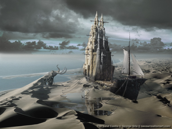 The Sand Castle - 3D Art Fantasy Modern Surrealism Pictures Limited Edition Prints by George Grie. Keywords palace frigid water view horizon cold sand castle building us religious Sandcastle old tower church cultural low angle view medieval castles, sand glass castle rock ship boat elefant ancient architecture daydream nightmare delusion trance hallucination, ocean waves blue floating sea religion ruins historical phantom spectre ghost apparition.
