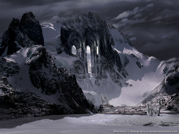 Sanctuary - 3D Art Fantasy Surrealism Pictures dark angel sanctuary, silent wildlife sanctuary. Keywords,  architecture, site, pillars, religious, abbey, attraction, nobody, ruins, religious sacred divine spiritual inspirational romantic, columns, overcast, stone, background, climate, religion, scenic, blue, season, France, condition, day, outdoors, clouds, mountaintop, snow, surface, Christianity, landscape, snow-clad, mountain,
