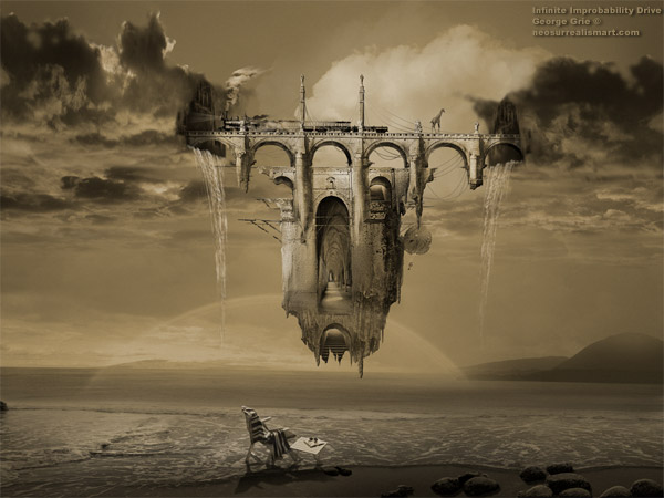 Infinite Improbability Drive - 3D Art Fantasy Modern Surrealism Pictures Limited Edition Prints by George Grie. Keywords, space, sunny, bleak, rugged, floating, sea, seascape, surface, rough, harsh, daytime, water, view, horizon, austere, ocean, remote, wilderness, maritime sky, cloud, landmark, sunset arched, bridge train, locomotive