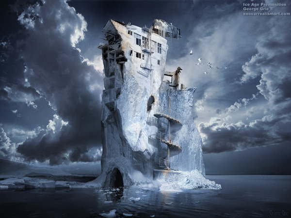 Ice Age Premonition or Infinite Iceberg Synthesizer - 3D Art Fantasy Modern art Surrealism Limited Edition Prints by George Grie. Kewords, ocean, ice, blue, sea, chunks, iceberg, staircases,  fire escape, ladders, building,  stairs, escape, windows, architecture, damaged, breakdown, debris, ruins, destruction, destroyed, urban, decay, frigid, cold, floating, water, nature, overpass, billboard staircase, snow, winter, bridge, spiral forewarning intuition sign feeling.