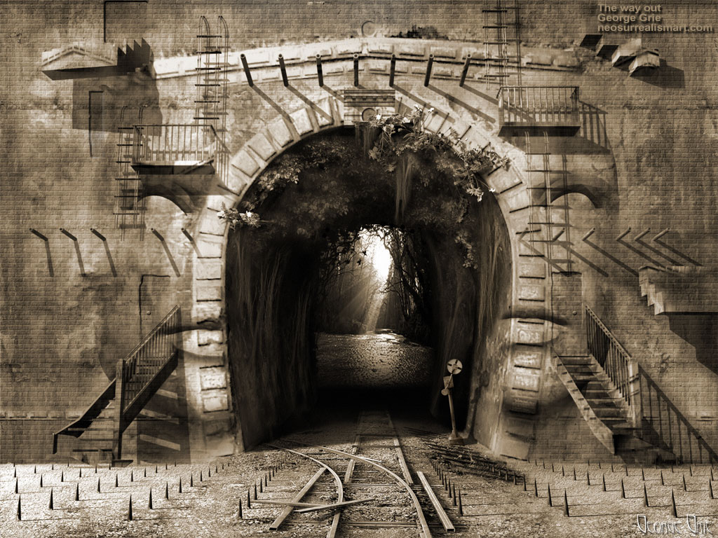 The way out or Suicidal ideation 3D wallpaper. Wall face railway metaphorical railroad tunnel Surrealistic phantasmagoric, Suicidal thoughts, forest light stairs steps ladders philosophical mania suicidal tendencies, Parasuicide Suicide and mental illness, dangerous Dark mystical Mental disorder.