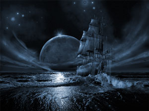 Ghost ship series: Full moon rising - modern art prints 3d digital surrealism poster