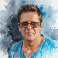 Watercolor self-portrait of artist George Grie, 2023.