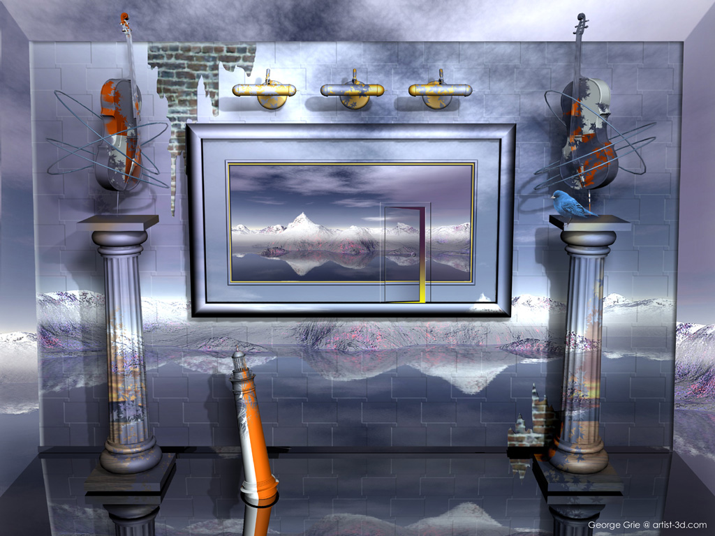 modern surrealism painting, contemporary surrealist graphic drawing, Wall column violin picture landscape frame snow, divider feature music depiction background surround snowfall, surreal visionary contemporary surrealist artist modern, Fantasy vision fantastical Philosophical thoughtful idealistic metaphorical allegorical symbolic visualization dream 