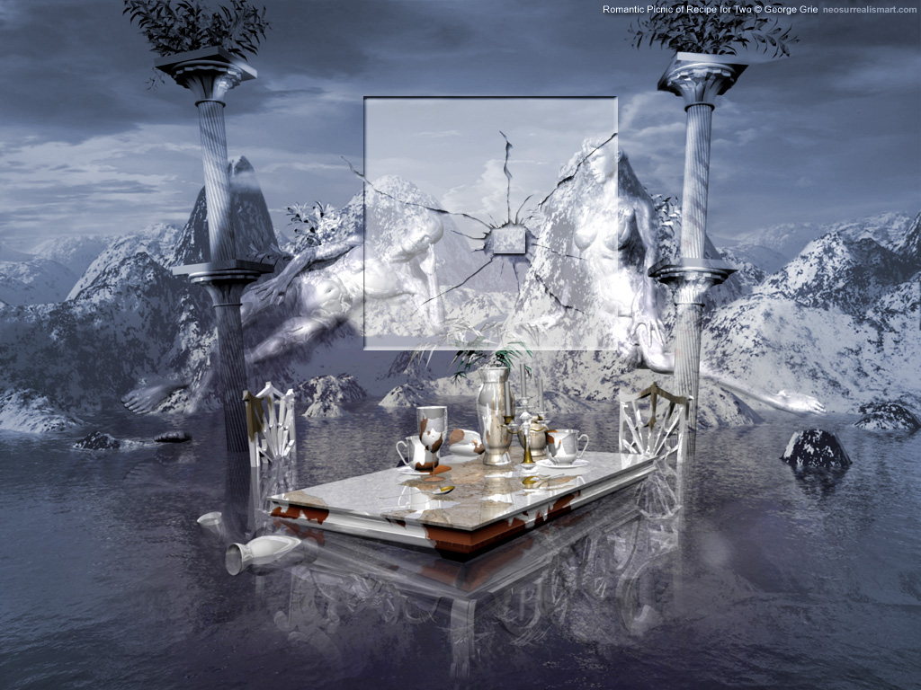 modern surrealism painting, contemporary surrealist graphic drawing, Table still-life Ice landscape man woman cold ocean frozen architecture mystic tranquil, frost scenery male female icy sea ice-covered gentleman lady magic calm, hoarfrost background construction freezing the deep unmoving design spiritualist serene 