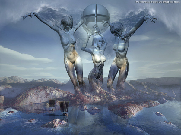 The Three Graces - 3D Art Fantasy Modern Surrealism Pictures Limited Edition Prints by George Grie. Keywords, The Charites, figures, Greek mythology Graces goddesses charm, beauty, nature, human creativity, fertility three, Roman mythology Gratiae  Aphrodite underworld Eleusinian Mysteries, Three nude female figures entwined executing dance