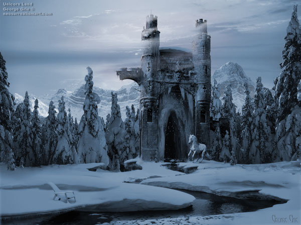 Unicorn Land or the Forbidden Forest Gate - 3D Art Fantasy Modern Surrealism Pictures Limited Edition Prints by George Grie. Keywords, Frigid cold landscape winter, woods, snowscape blue mist, trees, Scene pines shadow, isolate alone, isolation, snow solitary, mystic spiritualist mystical spiritual magic supernatural
