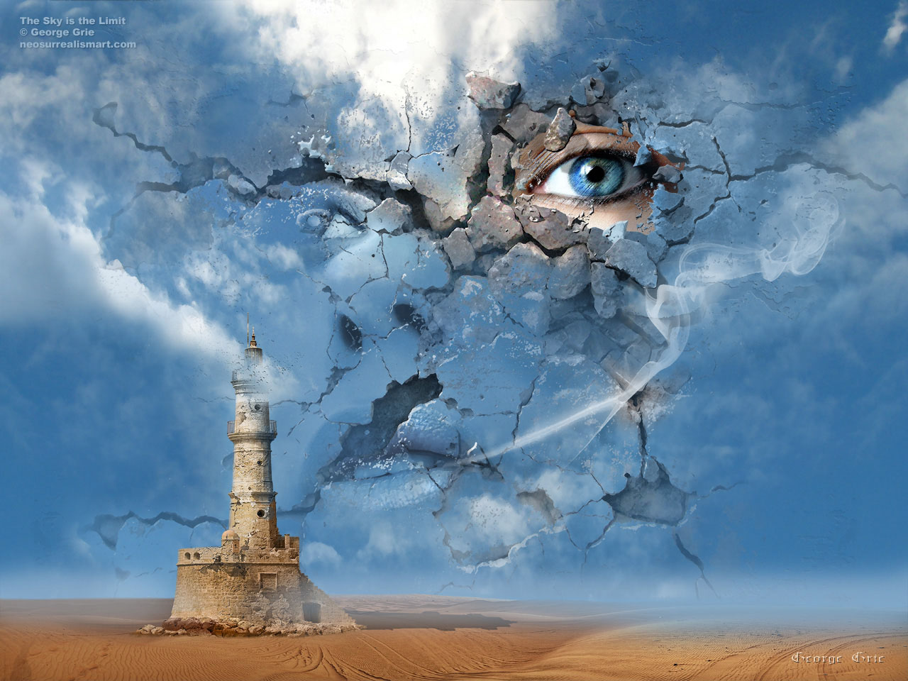 modern surrealism painting, contemporary surrealist graphic drawing, woman, face, sky, mysterious, sunny, female, clouds, away, portrait, creative, imagination, elegance, art, artistic, gothic, lighthouse, sand, dunes, lonely, abandoned, desert, nature, landscape, wall, cracks, old, background, stone, classic, weathered, scratches, illusion, retro, vintage, grunge, walls, dream, fictional, blue, art, shuttered, neo surreal, wallpaper, imaginary surrealism, fantasy, allegorical, three-dimensional, digital art, print poster 