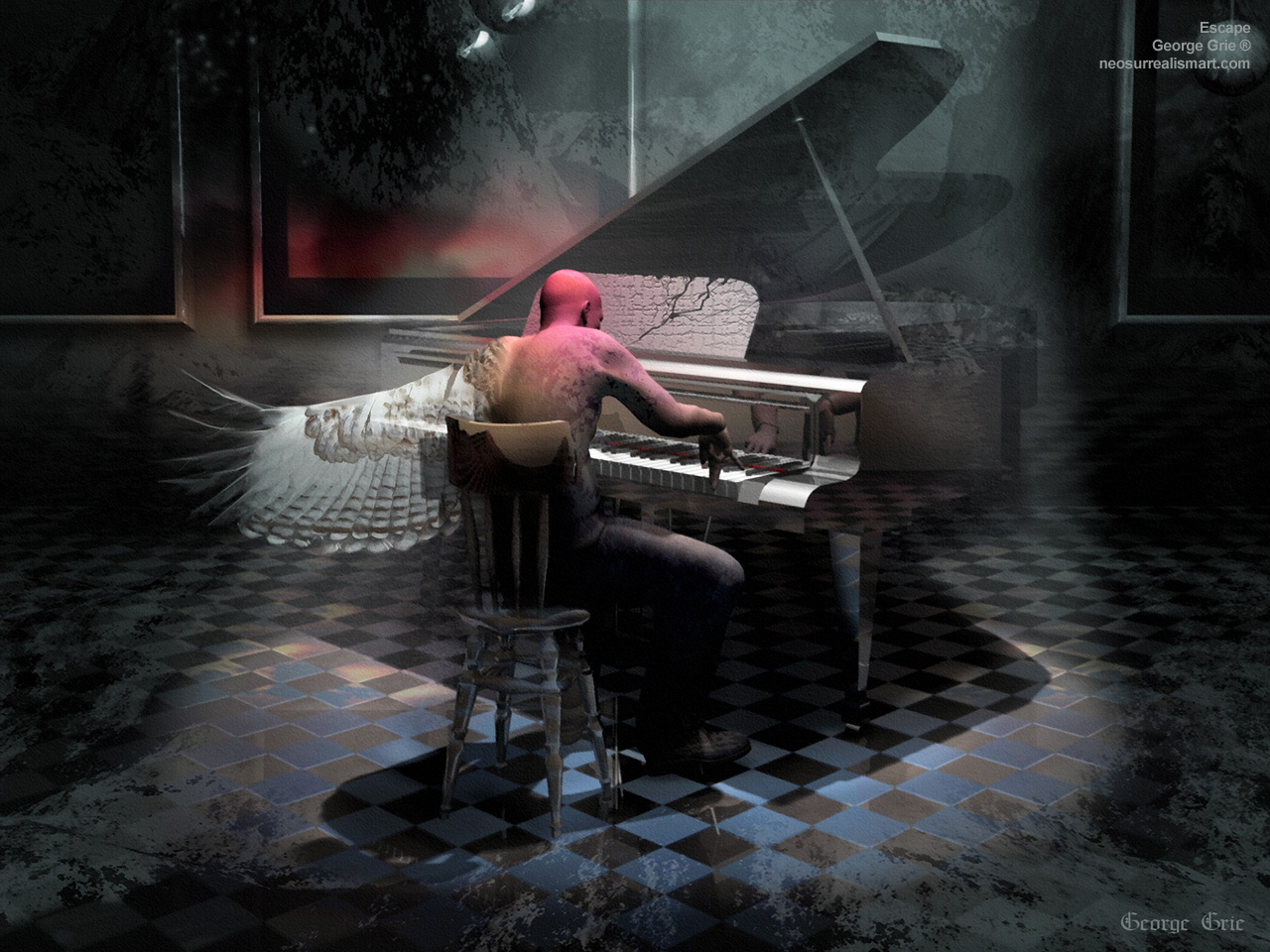 modern surrealism painting, contemporary surrealist graphic drawing, Modern art surrealism poster, print, wallpaper: Limited Edition Prints Escape Before Dawn. Artist certified signed limited edition archival Giclée prints. background, piano, wing, flying, music, pianist, chair, spotlight, red, concept, conceptual, cult, illustration, isolated, old, render, rendered, rendering, retro, scene, studio. artist, audio, chord, classical, close, create, creation, creative, creator, detail, ebony, entertainment, fingers, hand, harmony, hit, instrument, isolated, ivory, key, keyboard, learn, melodic, melody, music, musical, musician, note, notes, perform, performing, piano, play, player, practice, practicing, press, rhythm, shadow, shiny, song, sound, strike, tune,  
