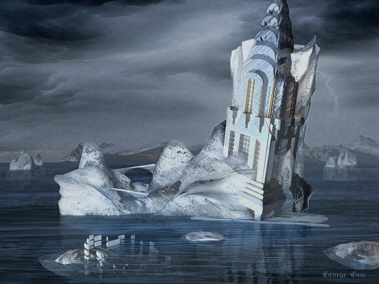 modern surrealism painting, contemporary surrealist graphic drawing, Ice landscape Chrysler building cold ocean frozen architecture mystic tranquil, frost scenery Chrysler structure icy sea ice-covered structural design magic calm, hoarfrost background construction freezing the deep unmoving design spiritualist serene 