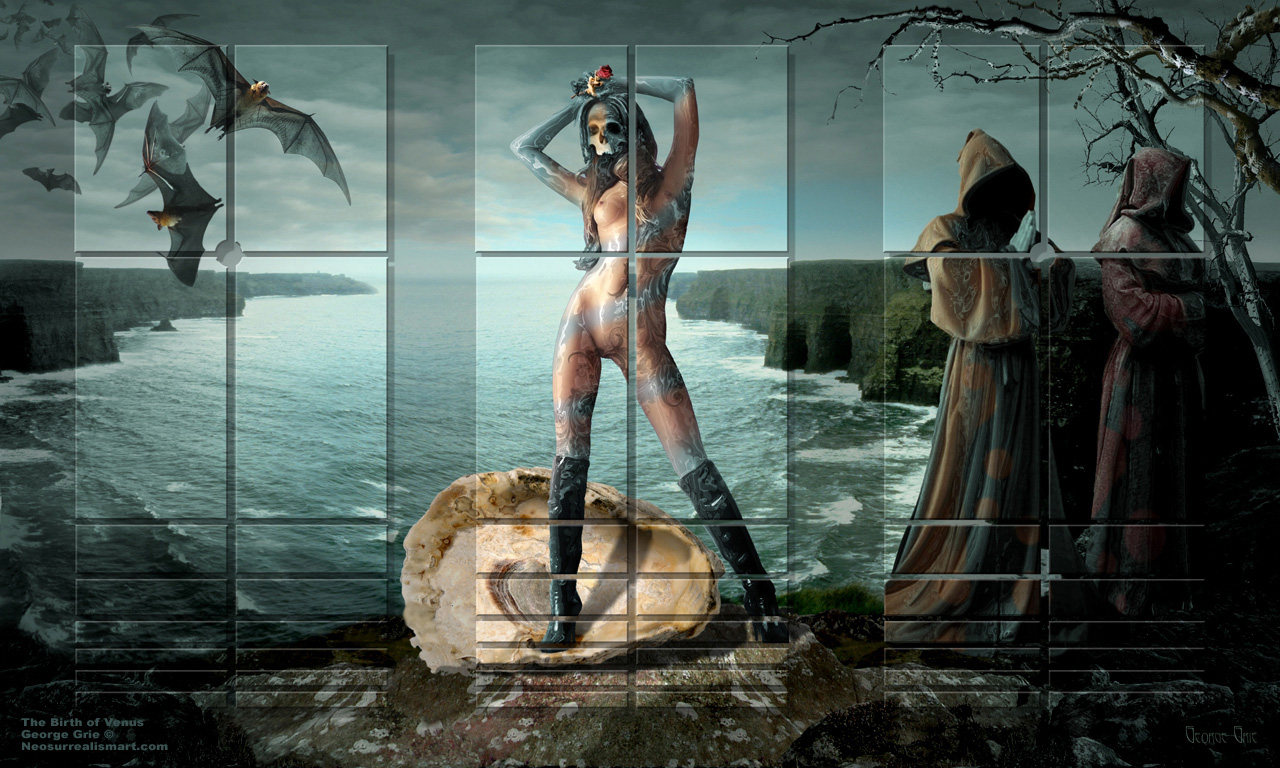 modern surrealism painting, contemporary surrealist graphic drawing,  Italian Renaissance classic painting allegory philosophy religion seascape monk bat seashore Goth Greek mythology medieval history Gothic fantasy landscape female scene posing creature evil dressed darkness skull skeleton artist digital 3d photography matte painting computer, woman dangerous model beauty classic body figure, gloom surreal artistic allegorical, Surrealism art gothic Neosurrealism wallpaper 2d photo poster mystic print, seductive metaphor viewpoint analysis meaning myth study interpretation story symbol